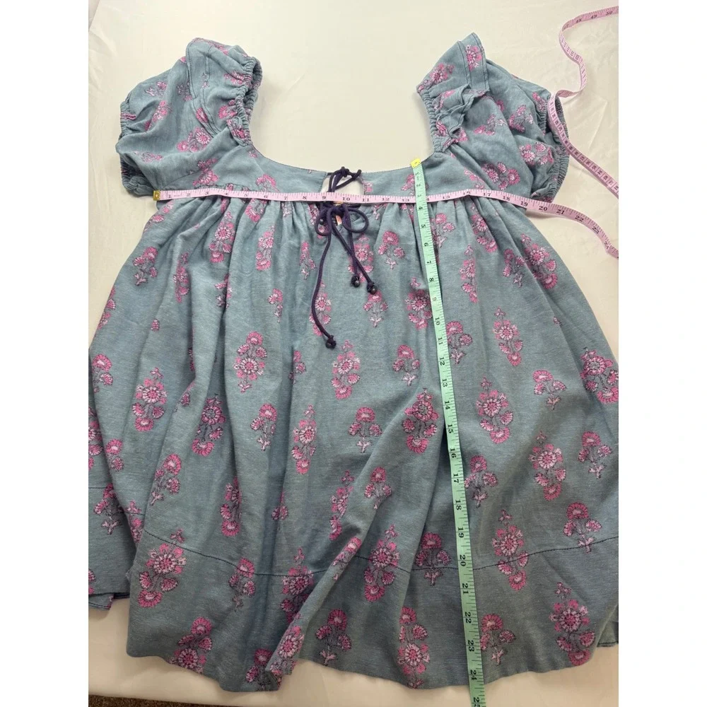 Free People L Blue Floral Peasant Blouse Boho Puff Sleeve Smocked Cottagecore
